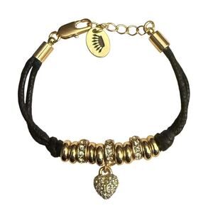 Juicy Couture Bracelet Pave Crystal Heart Charm Gold Beads Black Cord 6”-6.5